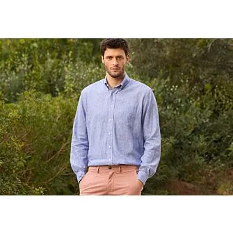BLUE CHAMBRAY & WHITE TRIM LONG SLEEVE COTTON LINEN SHIRT  COLTEN