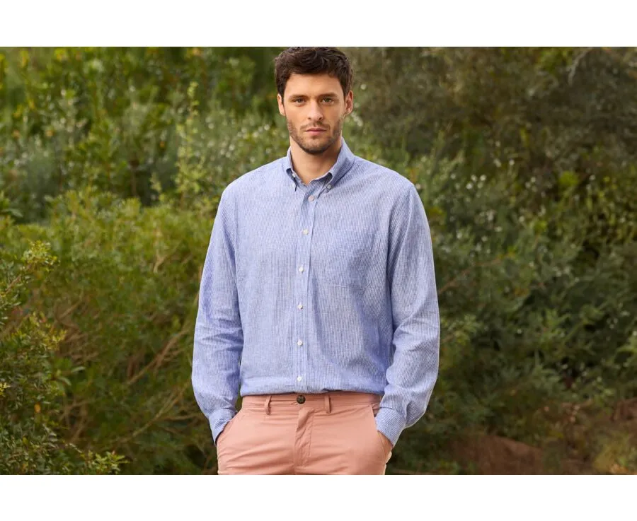 BLUE CHAMBRAY & WHITE TRIM LONG SLEEVE COTTON LINEN SHIRT  COLTEN