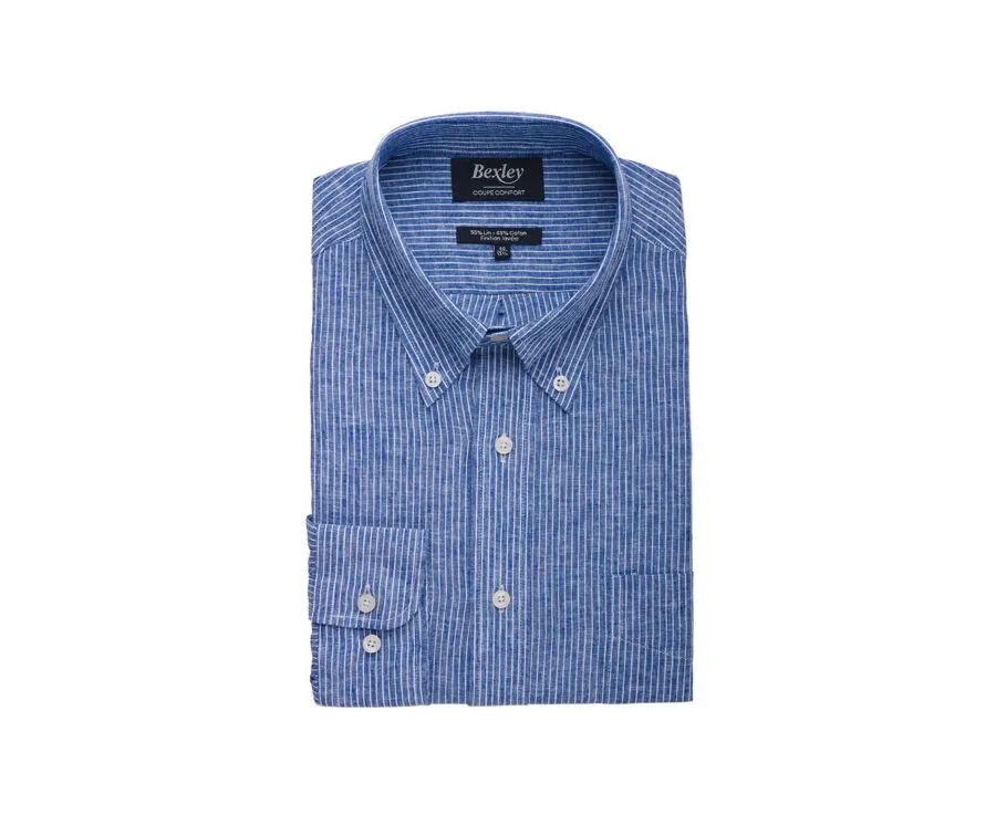 BLUE CHAMBRAY & WHITE TRIM LONG SLEEVE COTTON LINEN SHIRT  COLTEN