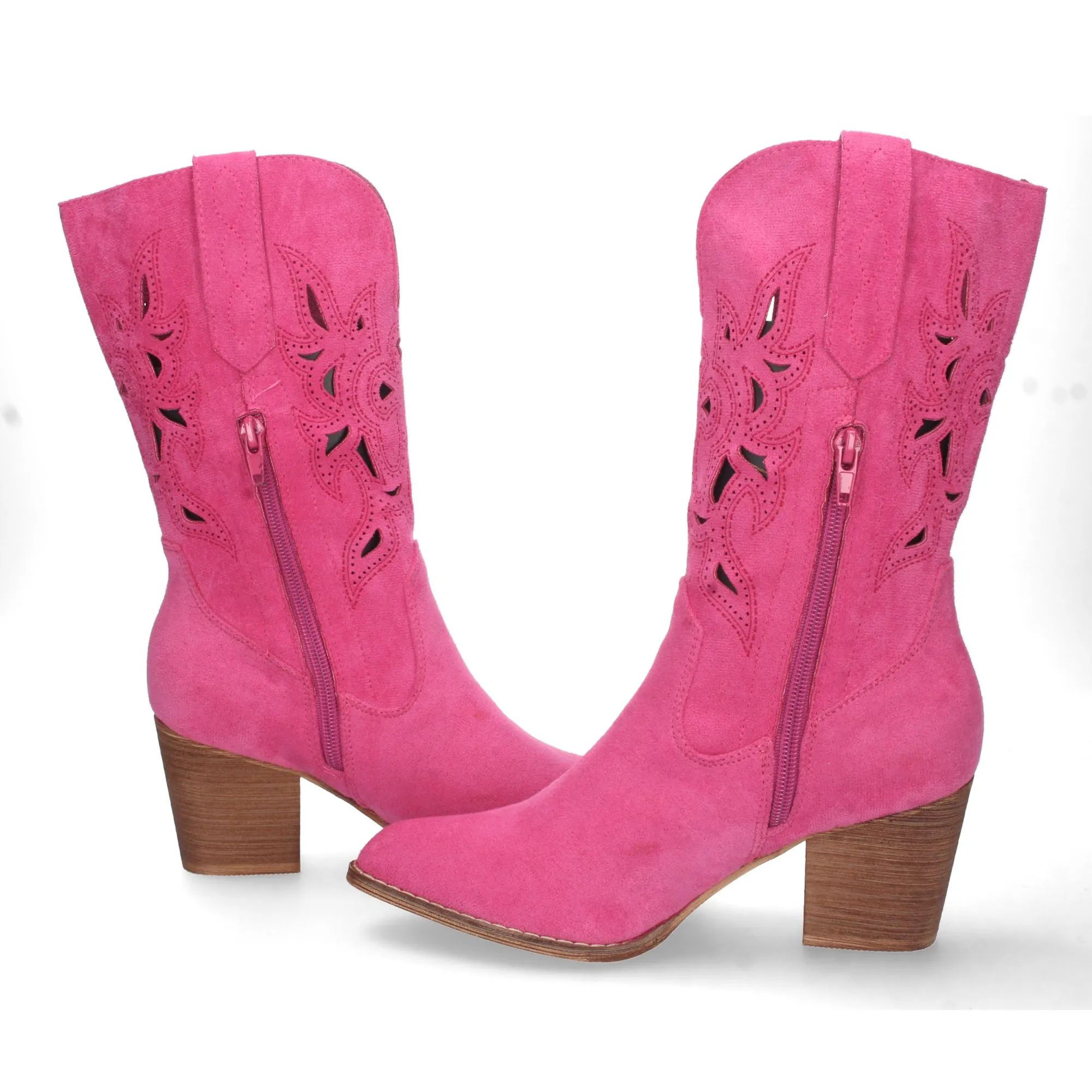 Botas camperas de tacón medio con calados mujer color fucsia