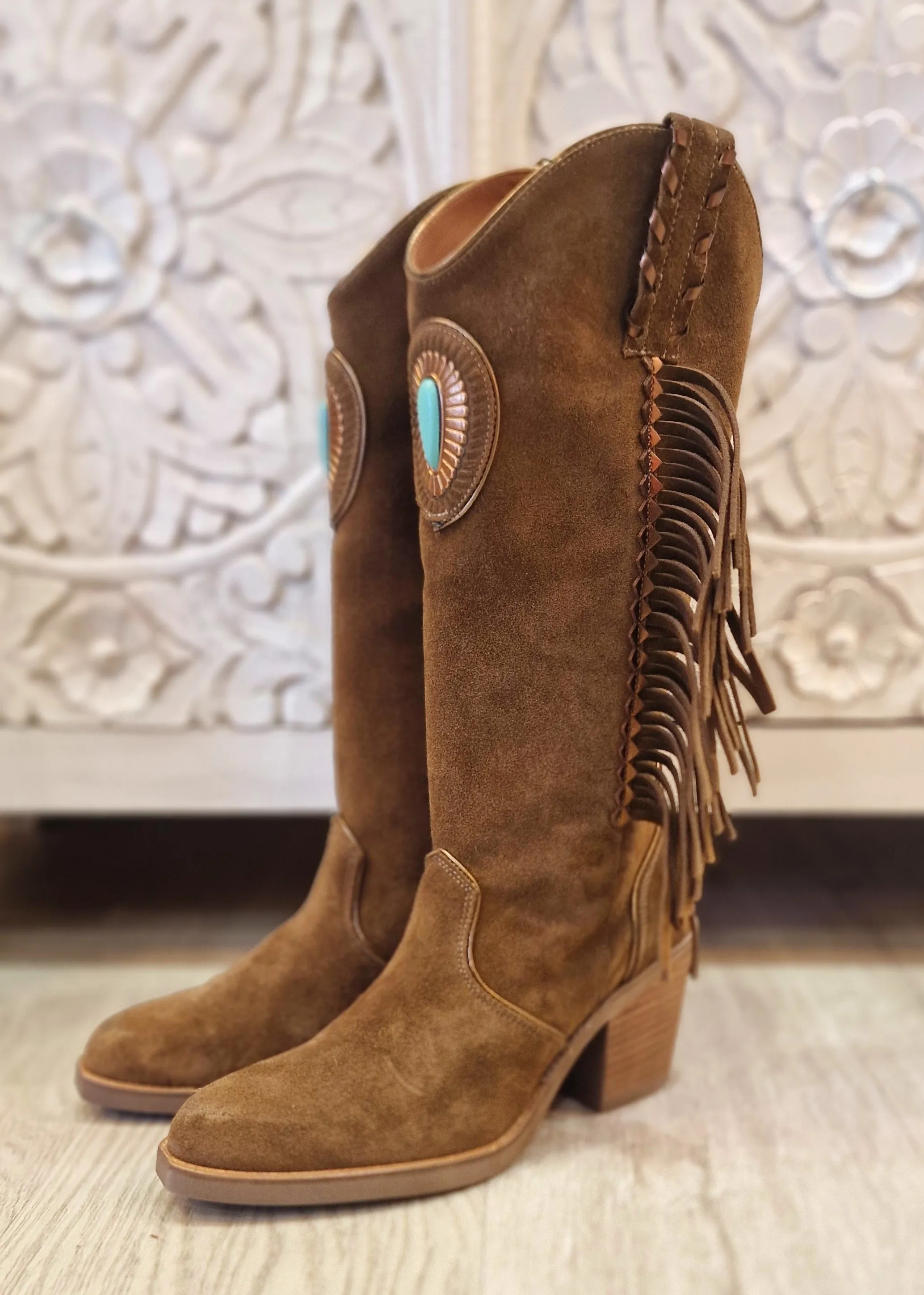 Botas piel camel flecos piedra Turquesa