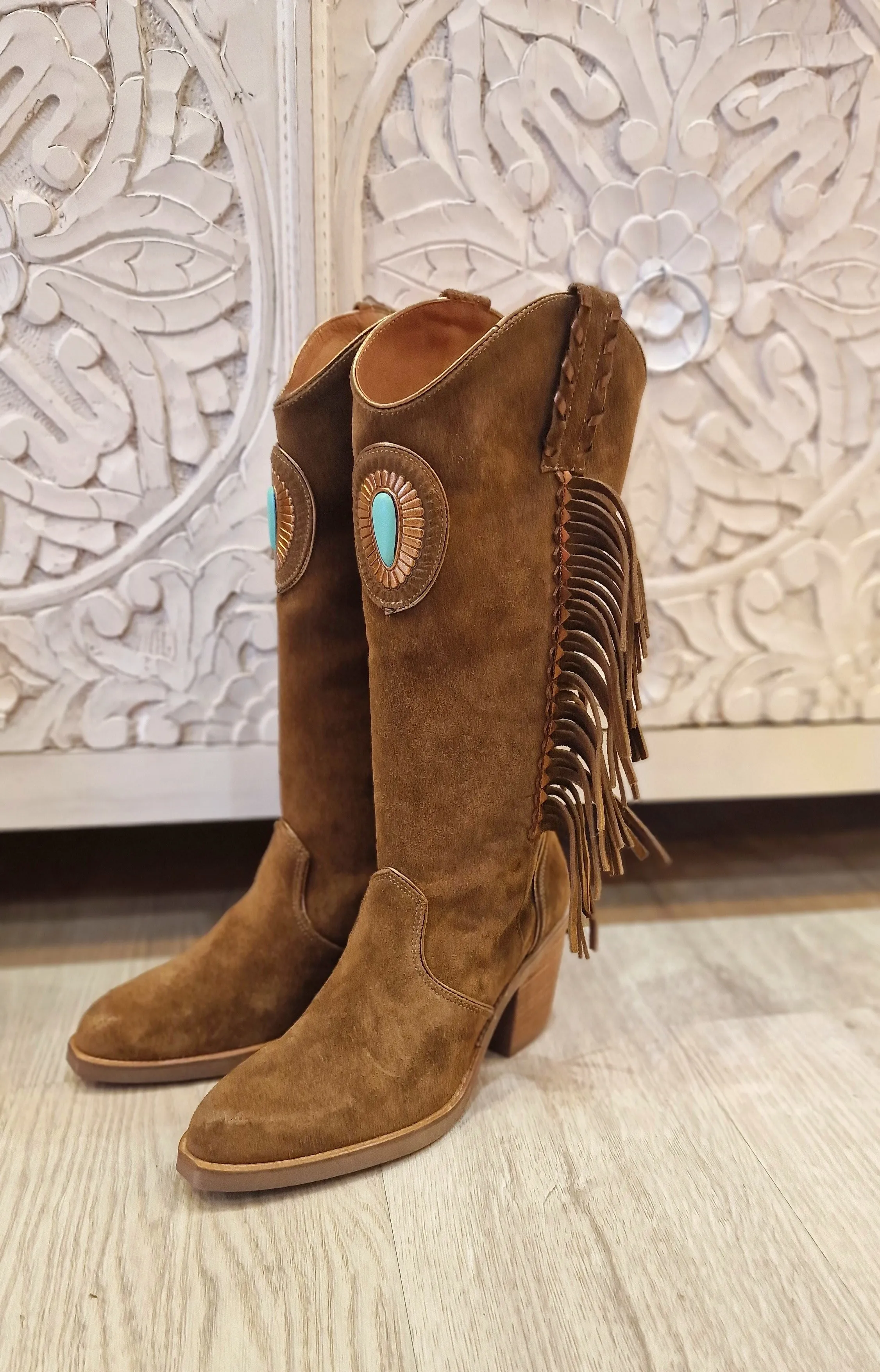 Botas piel camel flecos piedra Turquesa