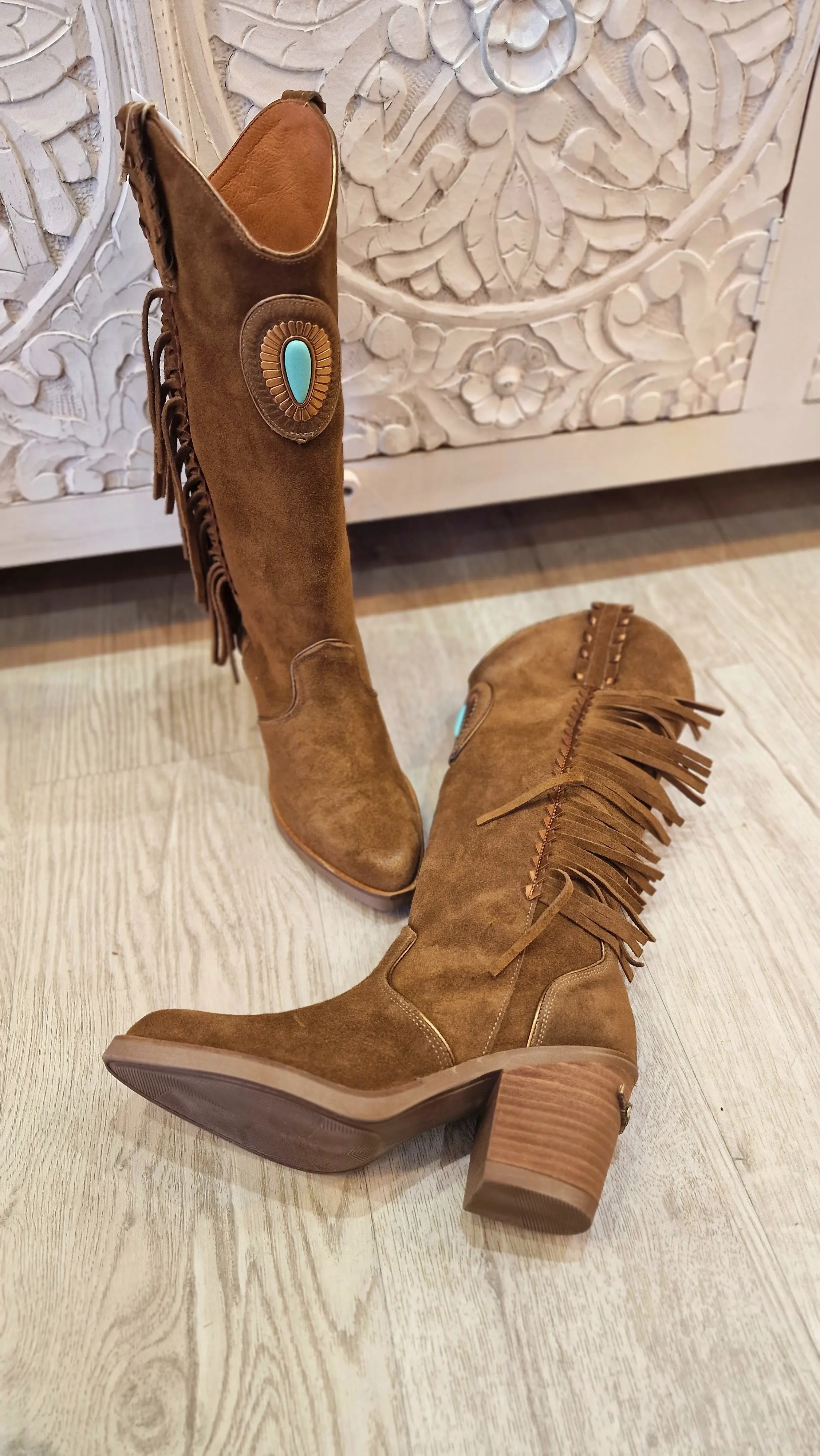 Botas piel camel flecos piedra Turquesa
