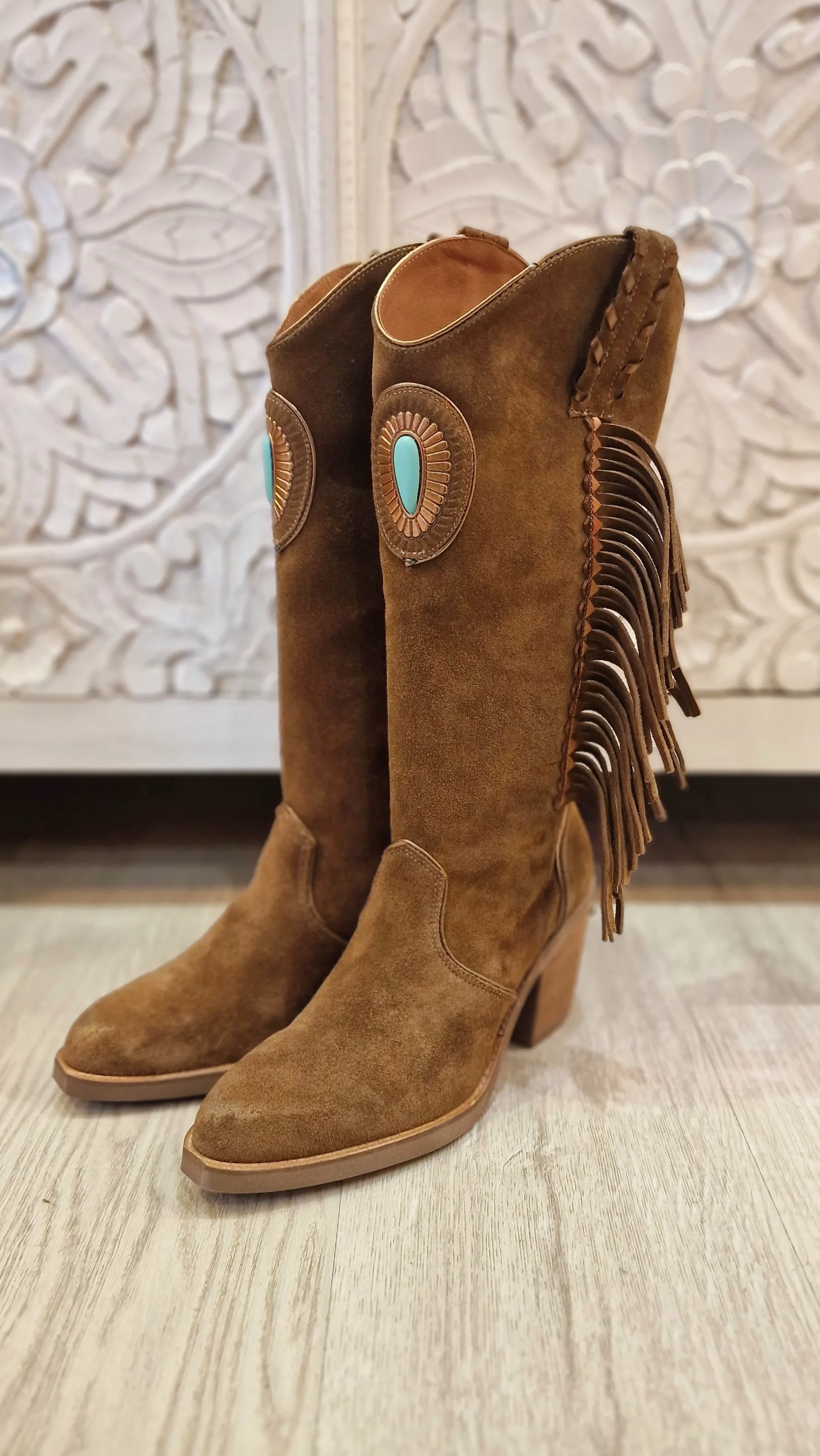 Botas piel camel flecos piedra Turquesa