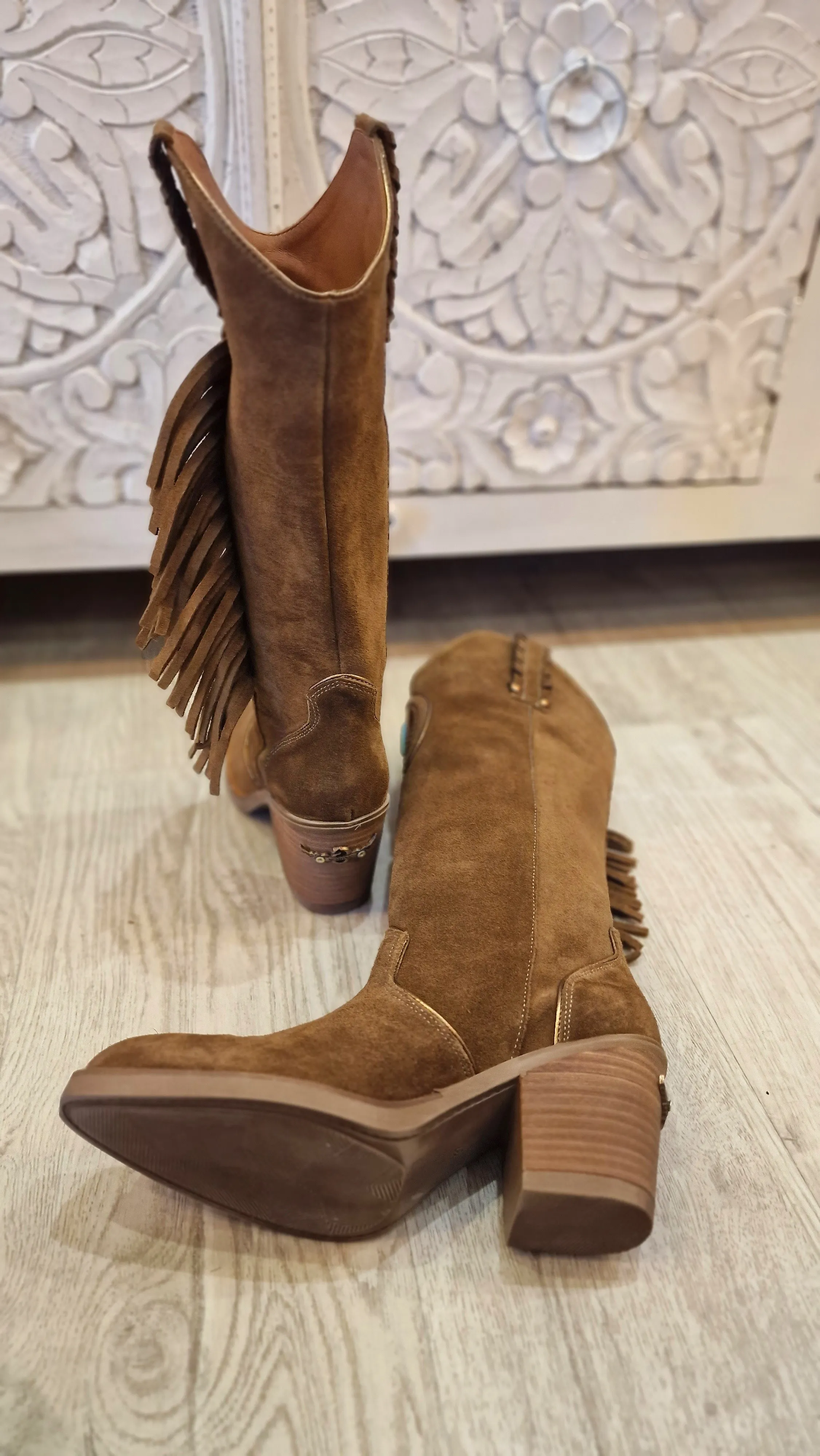 Botas piel camel flecos piedra Turquesa