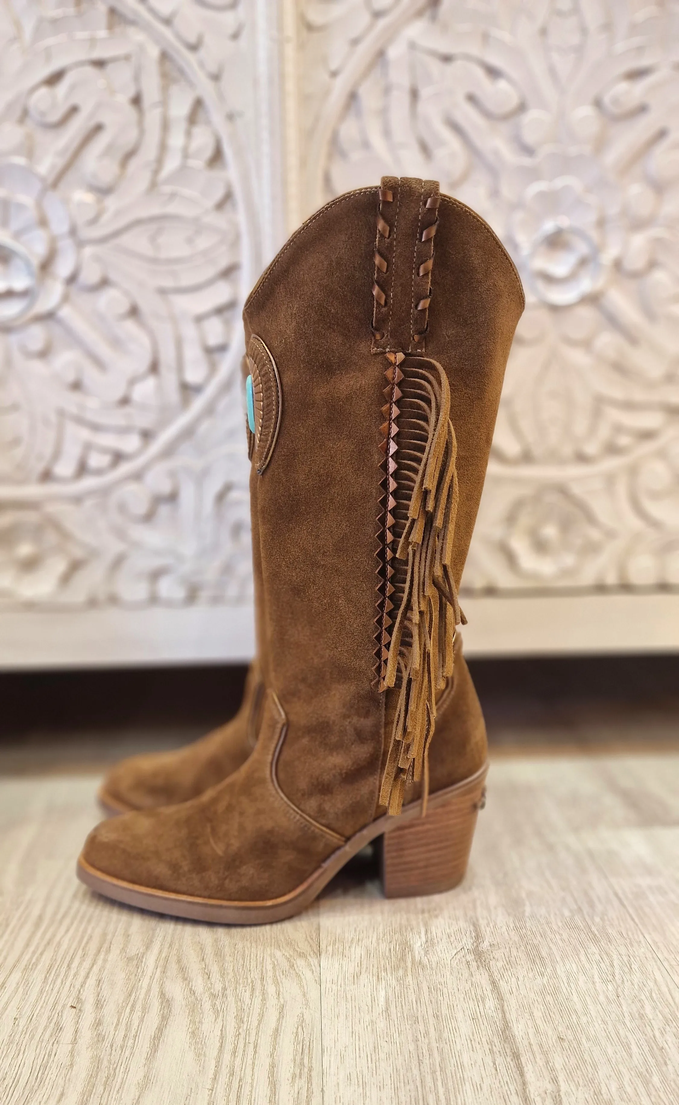 Botas piel camel flecos piedra Turquesa