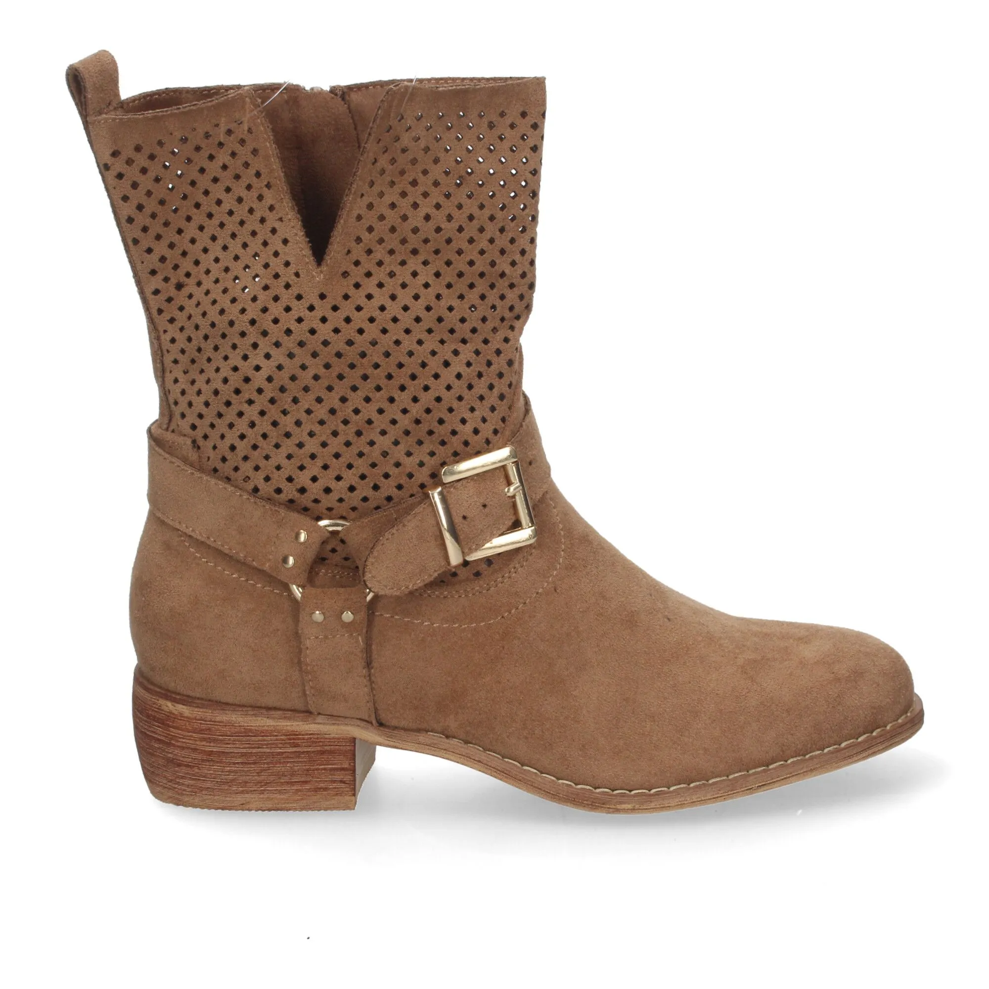 BOTINES PLANOS CóMODOS CALADO EN CAñA MUJER COLOR CAMEL A3016
