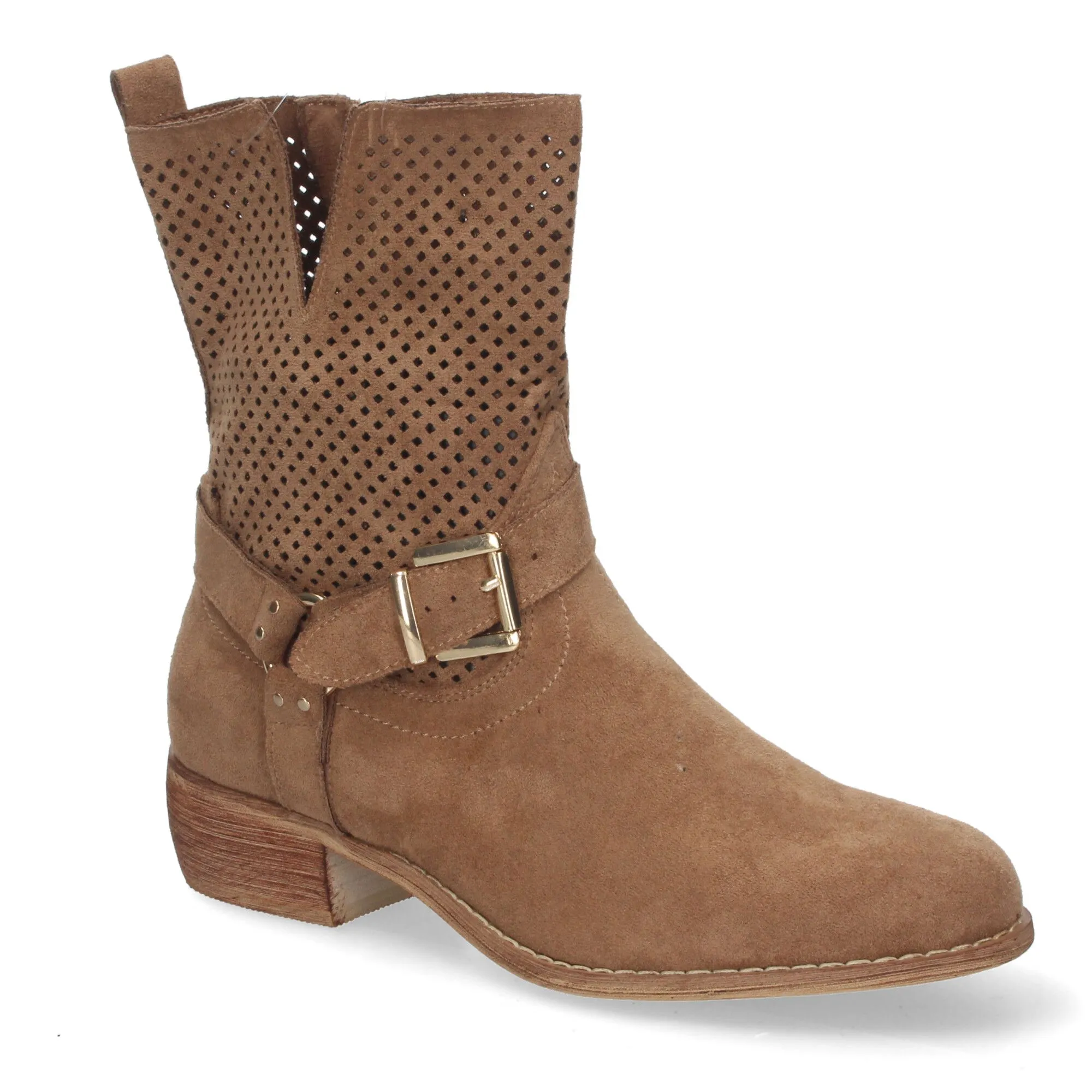 BOTINES PLANOS CóMODOS CALADO EN CAñA MUJER COLOR CAMEL A3016
