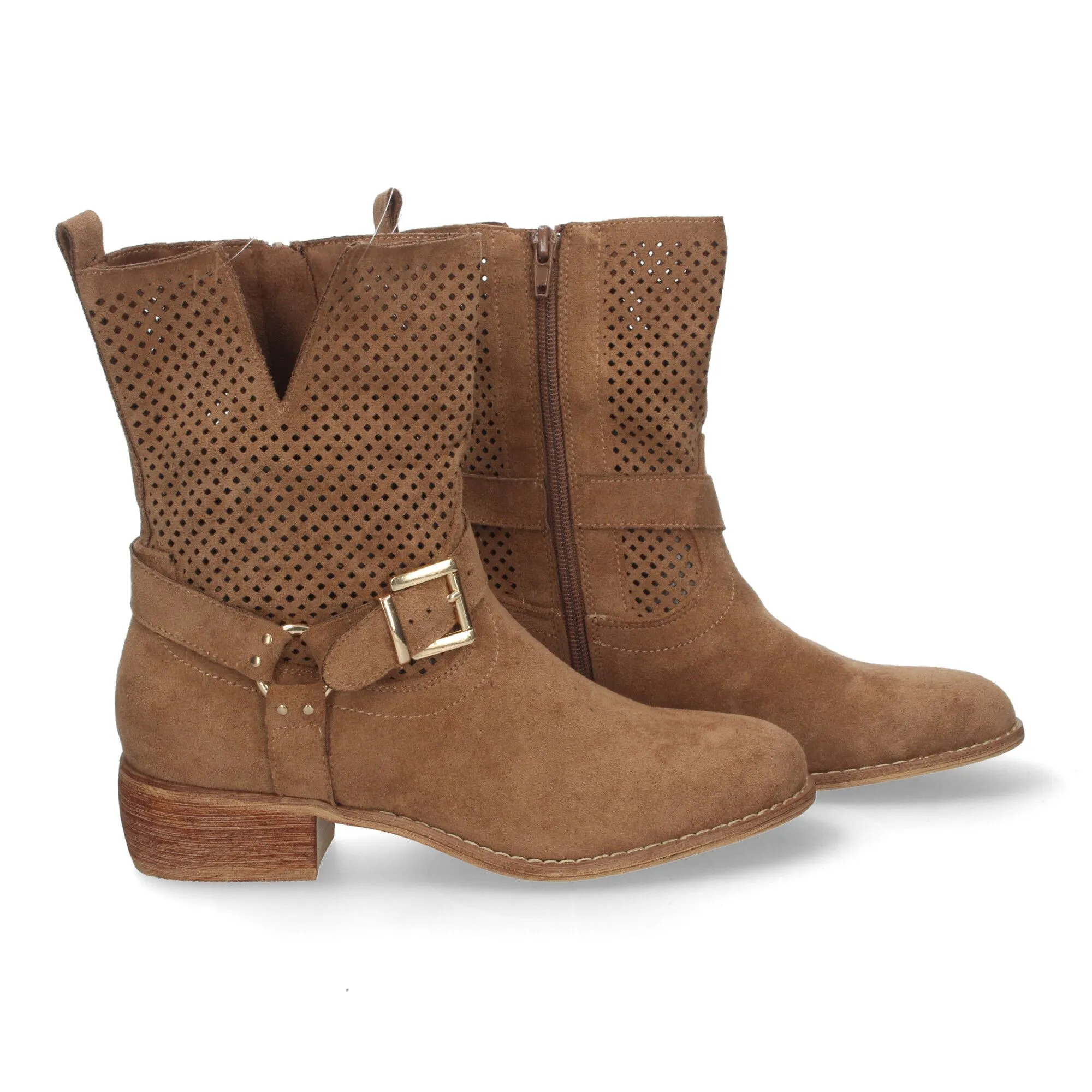 BOTINES PLANOS CóMODOS CALADO EN CAñA MUJER COLOR CAMEL A3016