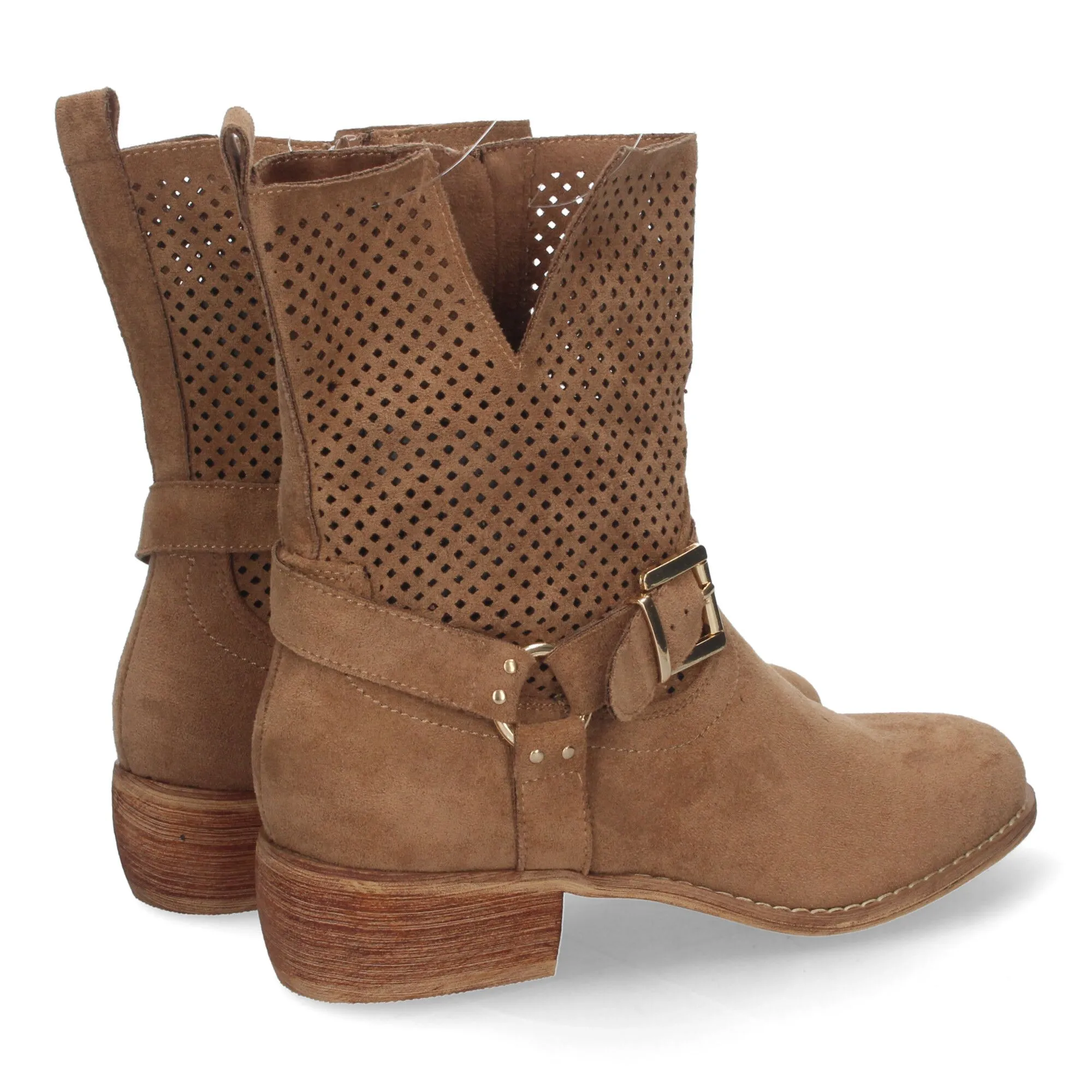 BOTINES PLANOS CóMODOS CALADO EN CAñA MUJER COLOR CAMEL A3016