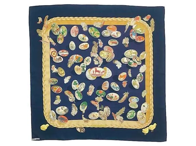 Bufanda Hermès Carré 90 Multicolor Dorado Azul marino 