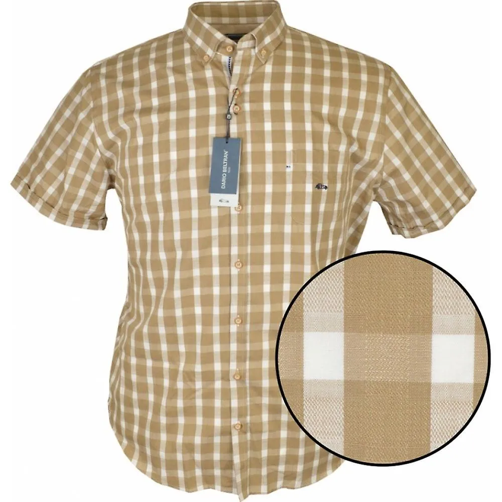 Camisa de manga corta con cuello abotonado de algodón a cuadros beige de talla grande para hombre con bolsillo en el pecho