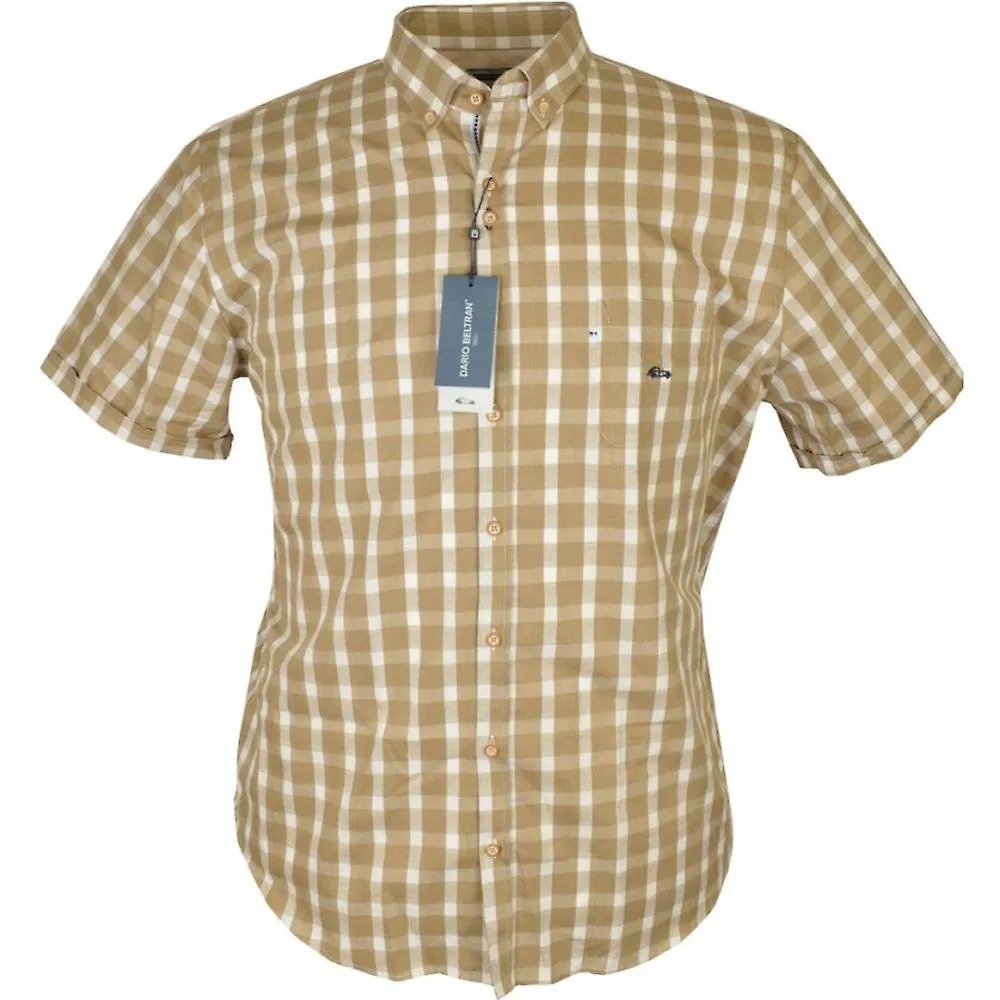 Camisa de manga corta con cuello abotonado de algodón a cuadros beige de talla grande para hombre con bolsillo en el pecho