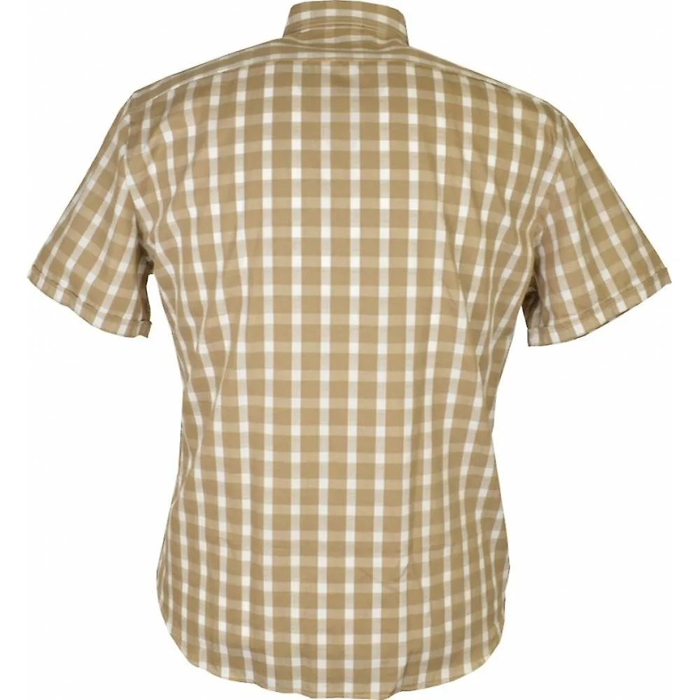 Camisa de manga corta con cuello abotonado de algodón a cuadros beige de talla grande para hombre con bolsillo en el pecho