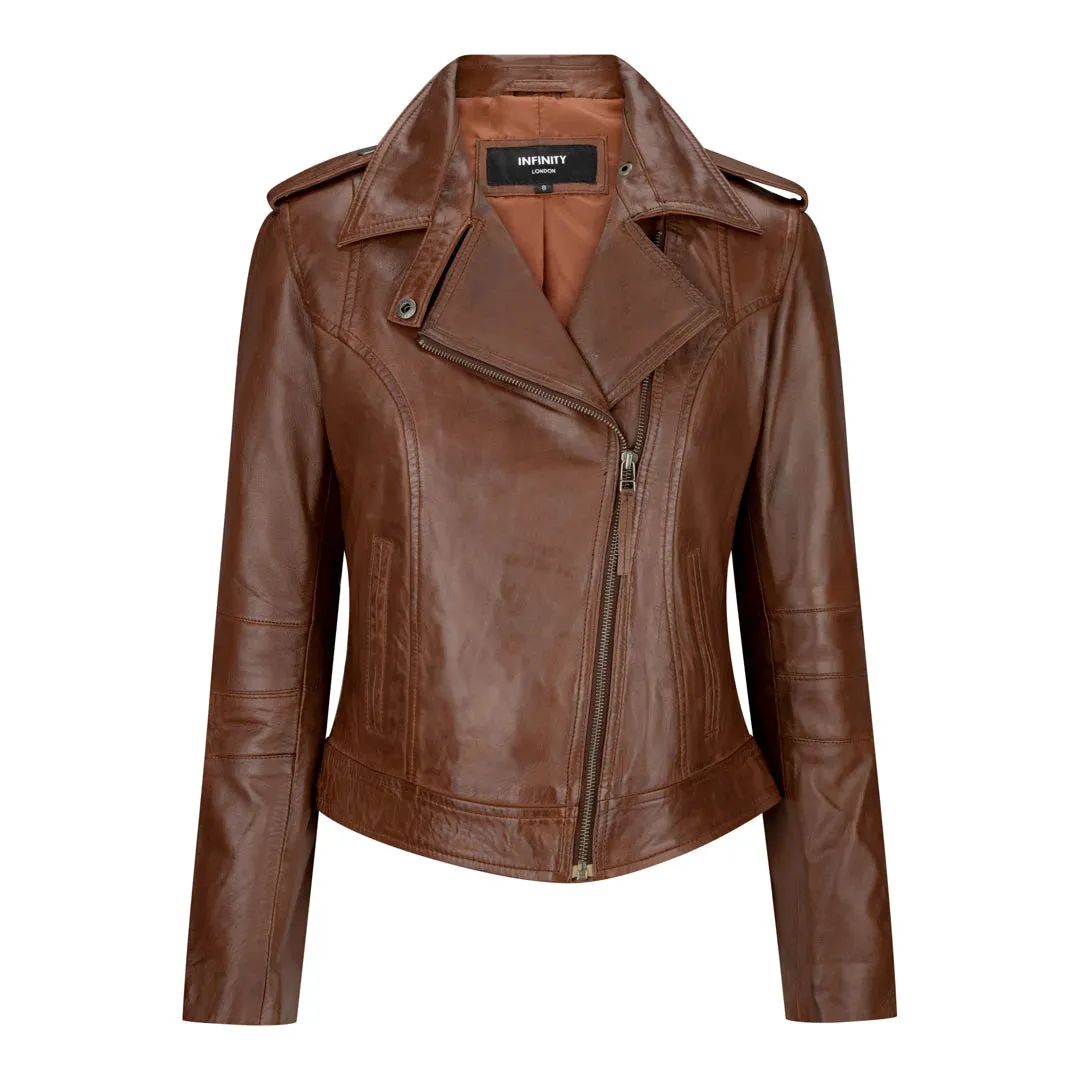 Chaqueta de cuero real en color marrón estilo retro para mujer