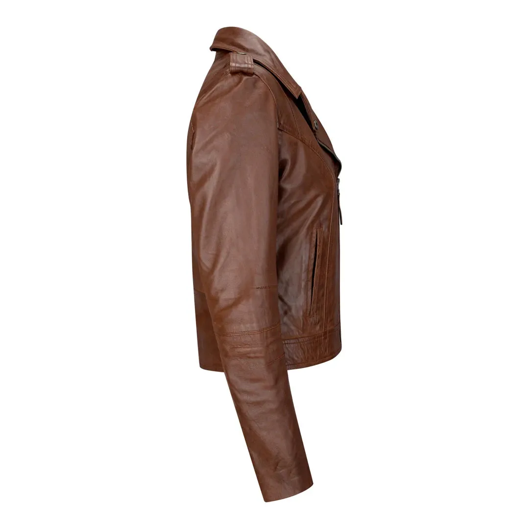 Chaqueta de cuero real en color marrón estilo retro para mujer
