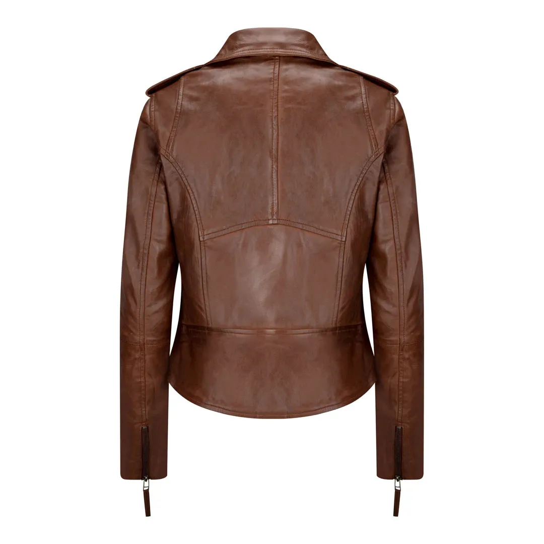 Chaqueta de cuero real en color marrón estilo retro para mujer