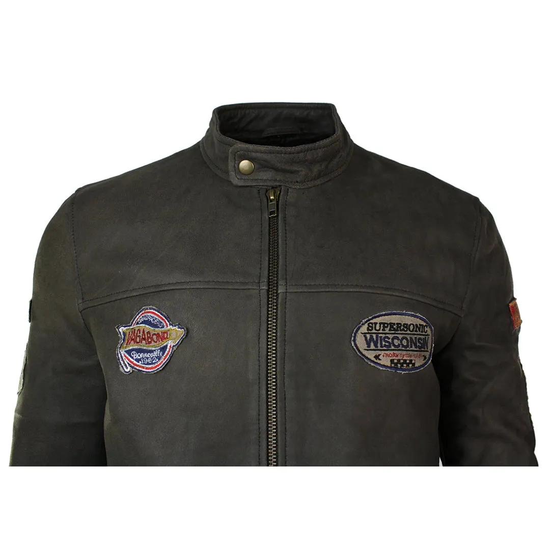 Chaqueta de motociclista de insignia de cuero marrón para hombres desgastados