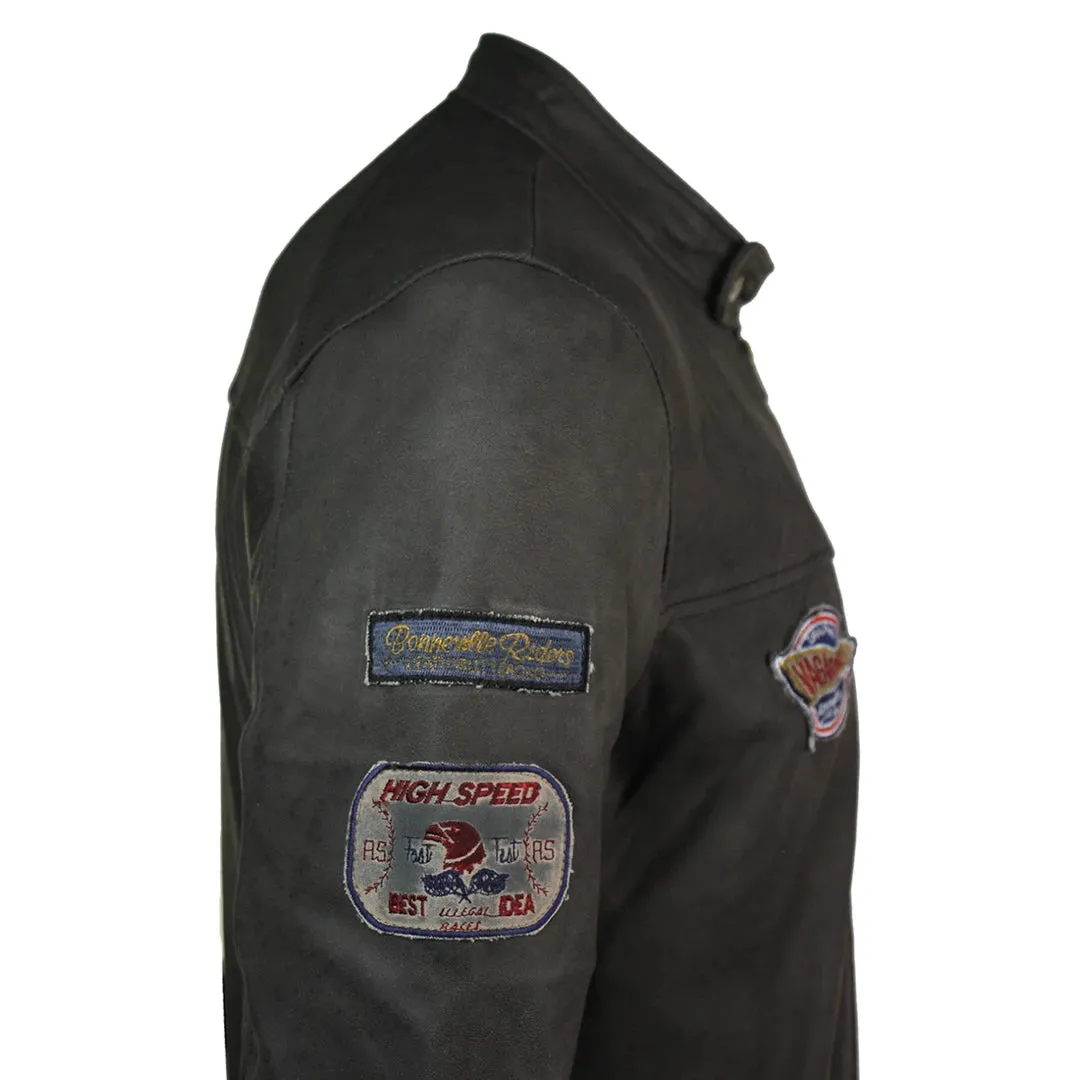 Chaqueta de motociclista de insignia de cuero marrón para hombres desgastados
