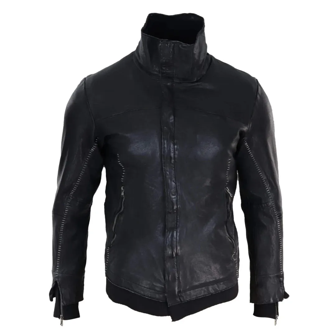 Chaqueta tipo Bomber de cuero real Slim fit para hombres