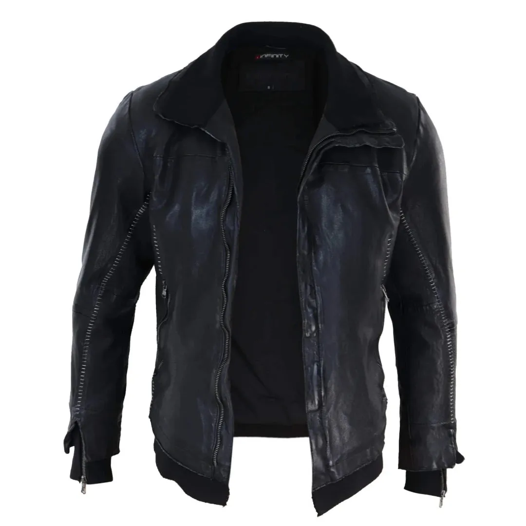 Chaqueta tipo Bomber de cuero real Slim fit para hombres