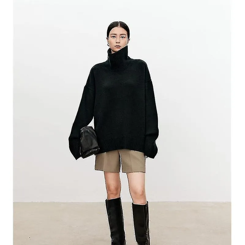 Cuello alto puro suéter de cachemira femenino suelto y grueso lánguido lazo viento jersey suéter tejer base suéter de lana