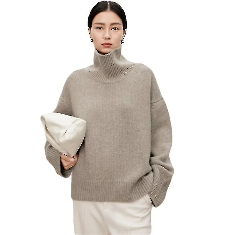 Cuello alto puro suéter de cachemira femenino suelto y grueso lánguido lazo viento jersey suéter tejer base suéter de lana