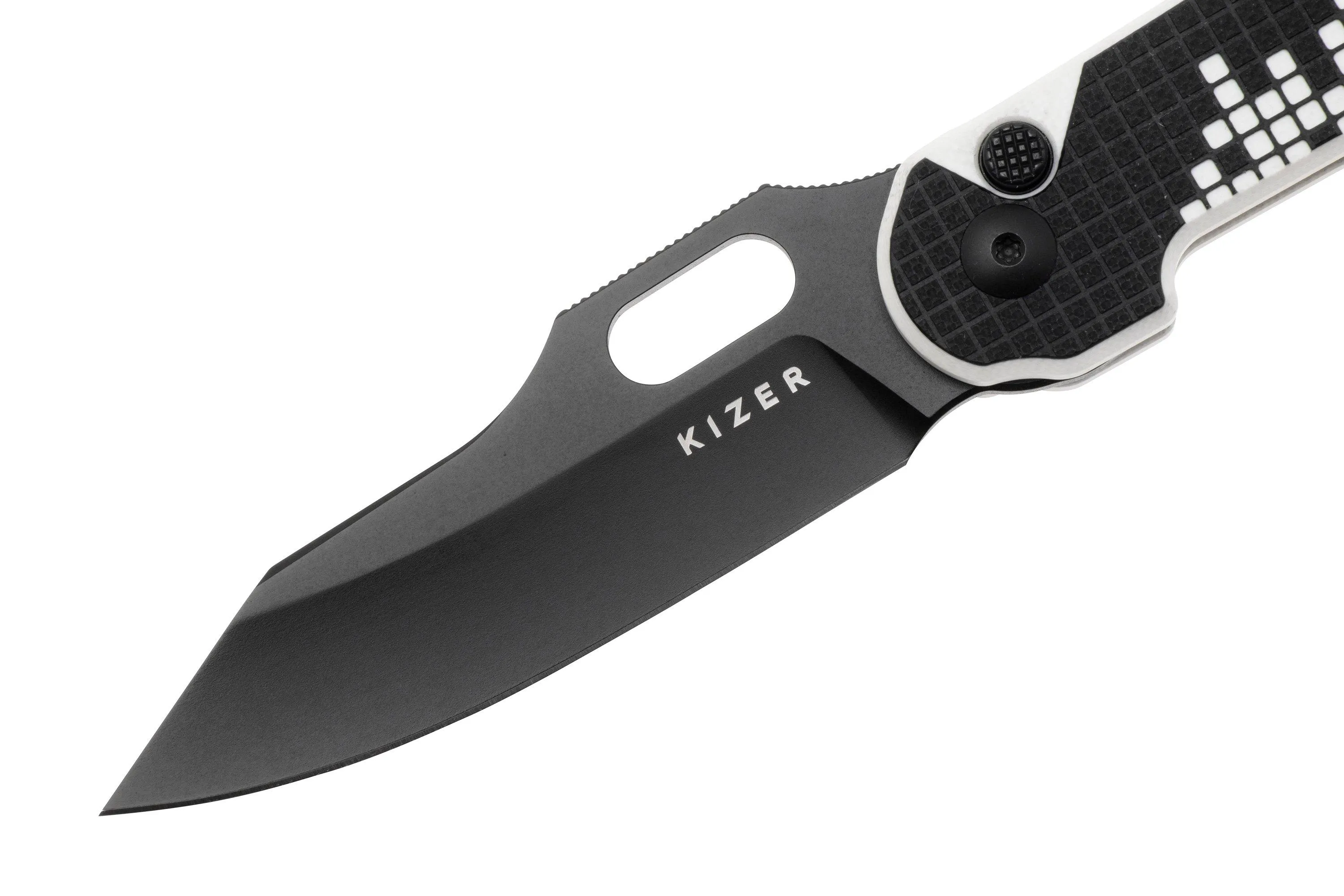 KIZER VANGUARD CORMORANT V3634A1, BLACK NITROV, BLACK AND WHITE G10, NAVAJA
