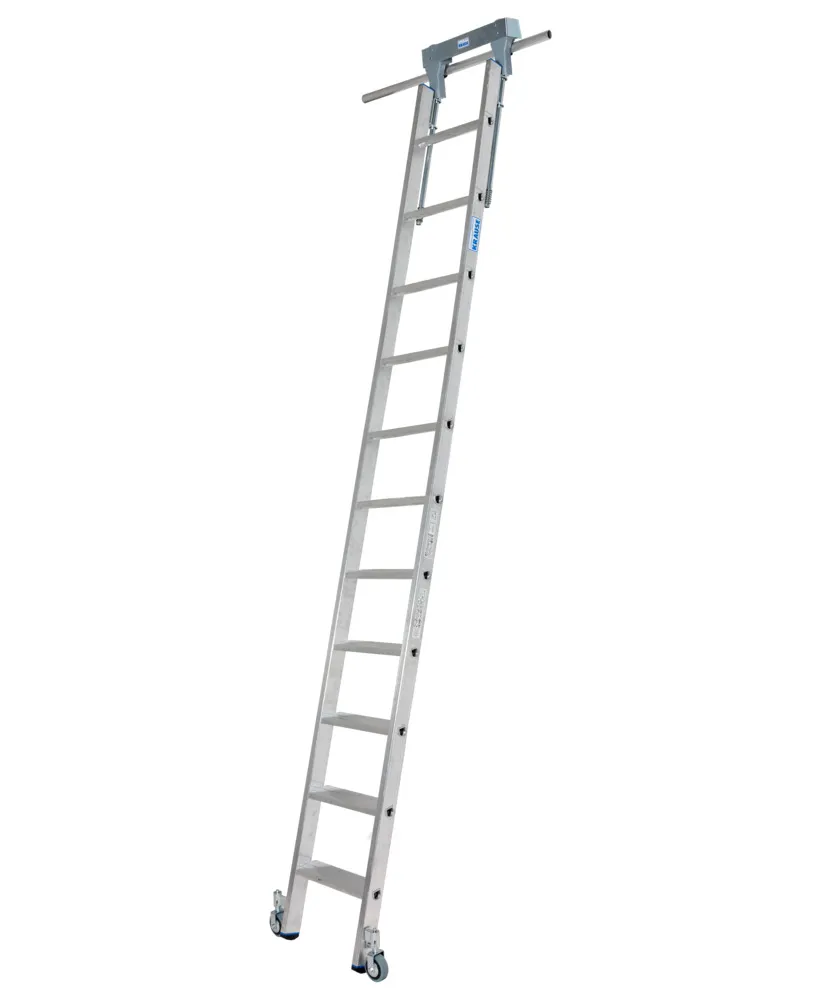 KRAUSE Escalera de estantería aluminio, móvil, con camino de rodadura, 11 escalones