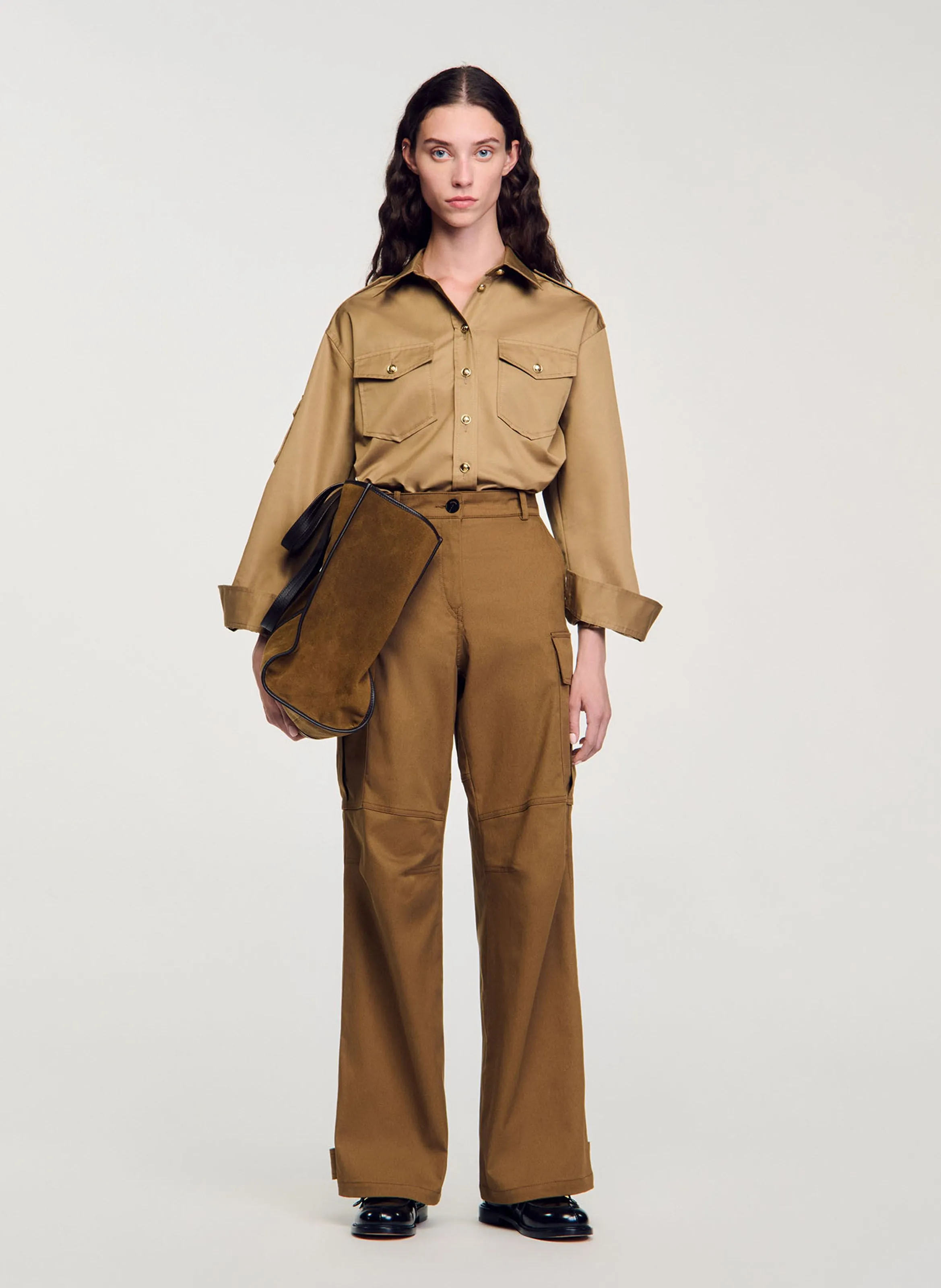 Pantalón cargo ancho de mezcla de algodón en marron