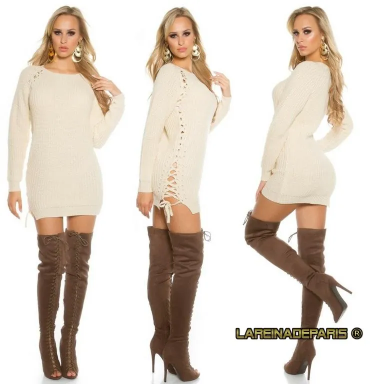 Suéter beige con lazos laterales 