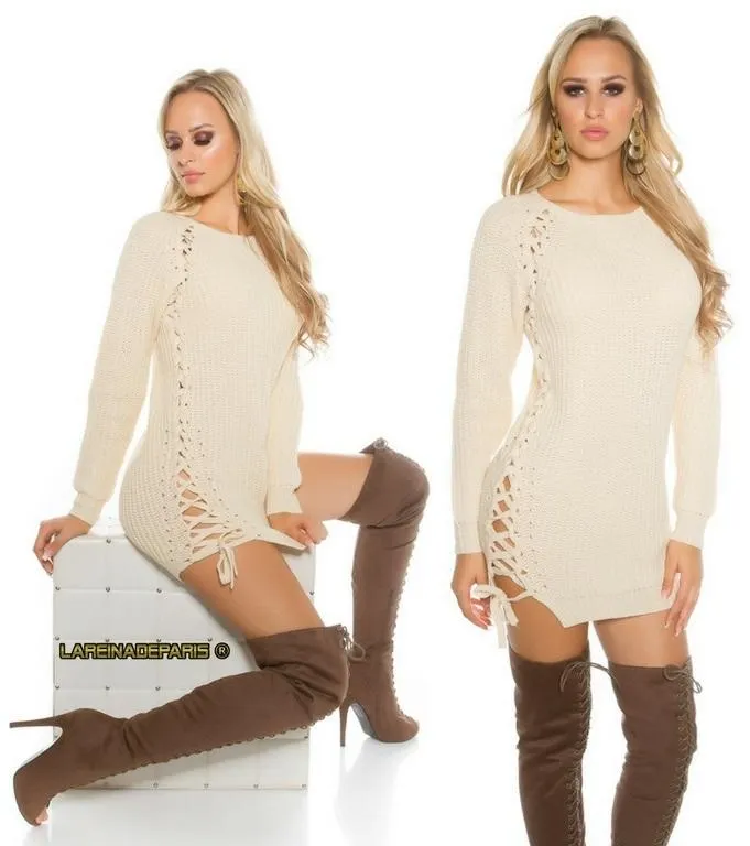 Suéter beige con lazos laterales 