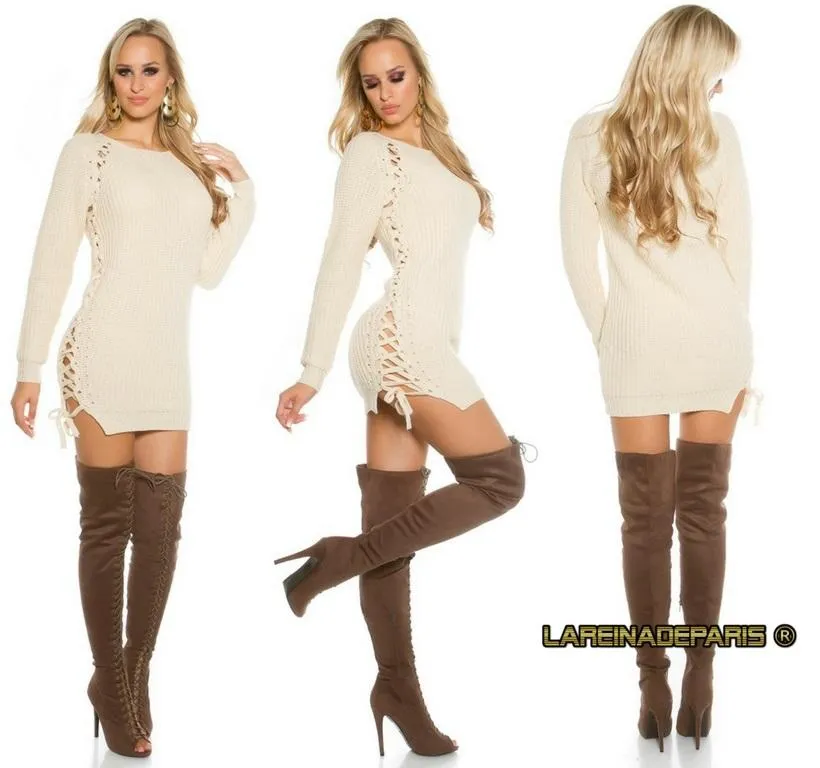 Suéter beige con lazos laterales 