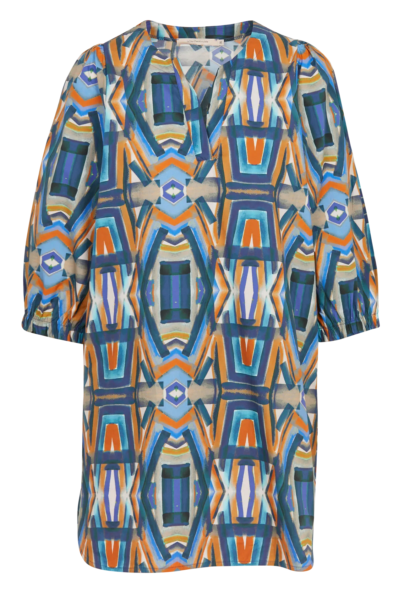 Vestido corto holgado de algodón estampado con cuello tunecino en multicolor