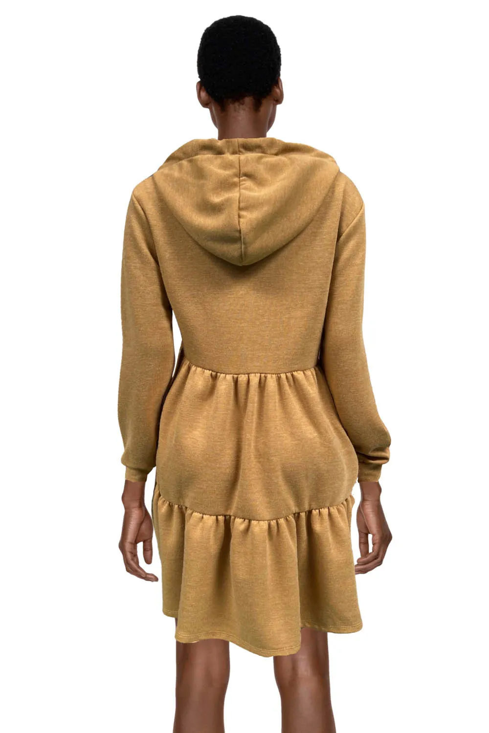 Vestido suéter con capucha mostaza