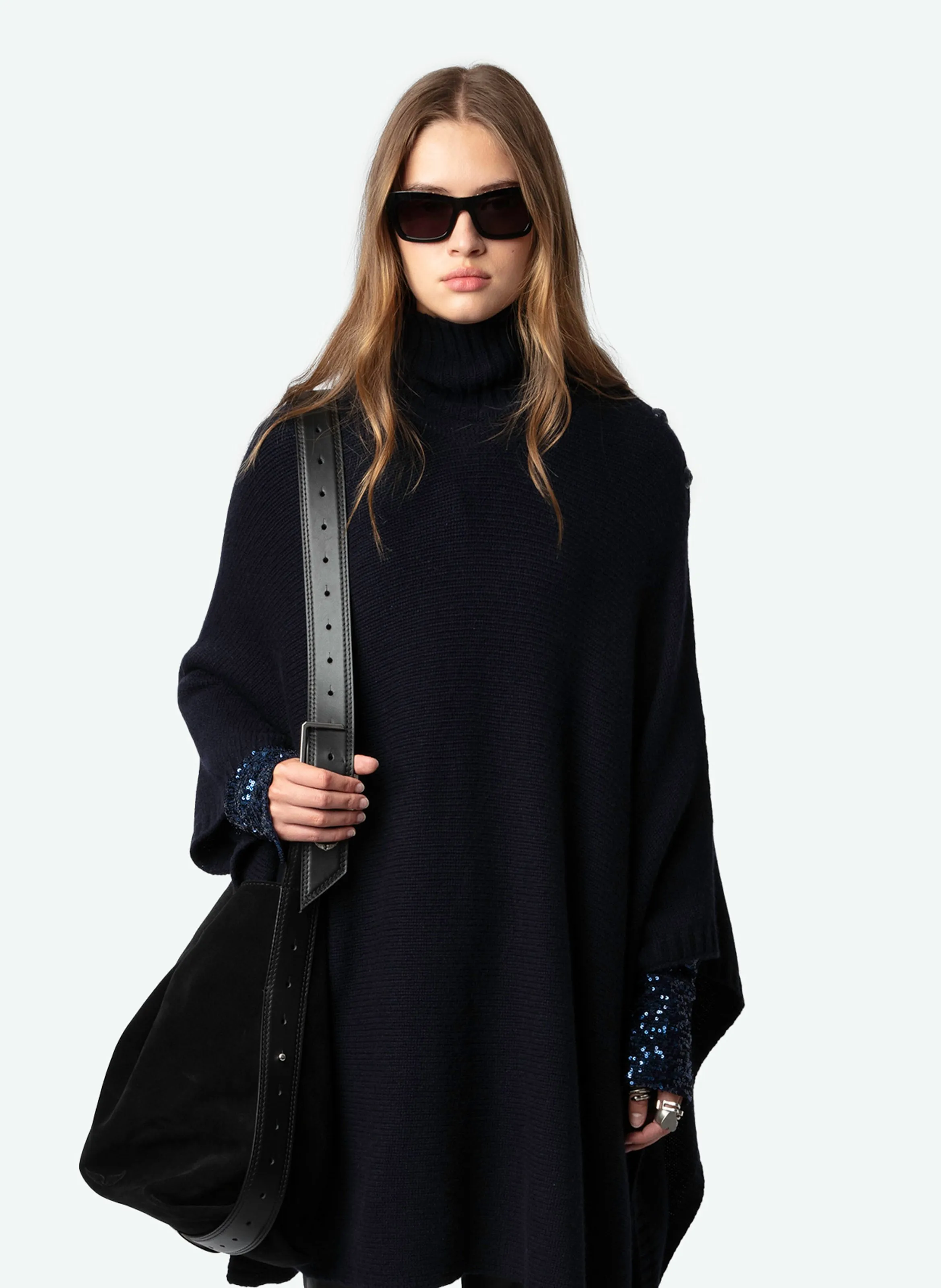 ZADIG&VOLTAIRE PALMA  PONCHO CON CUELLO ALTO DE CACHEMIRA EN AZUL