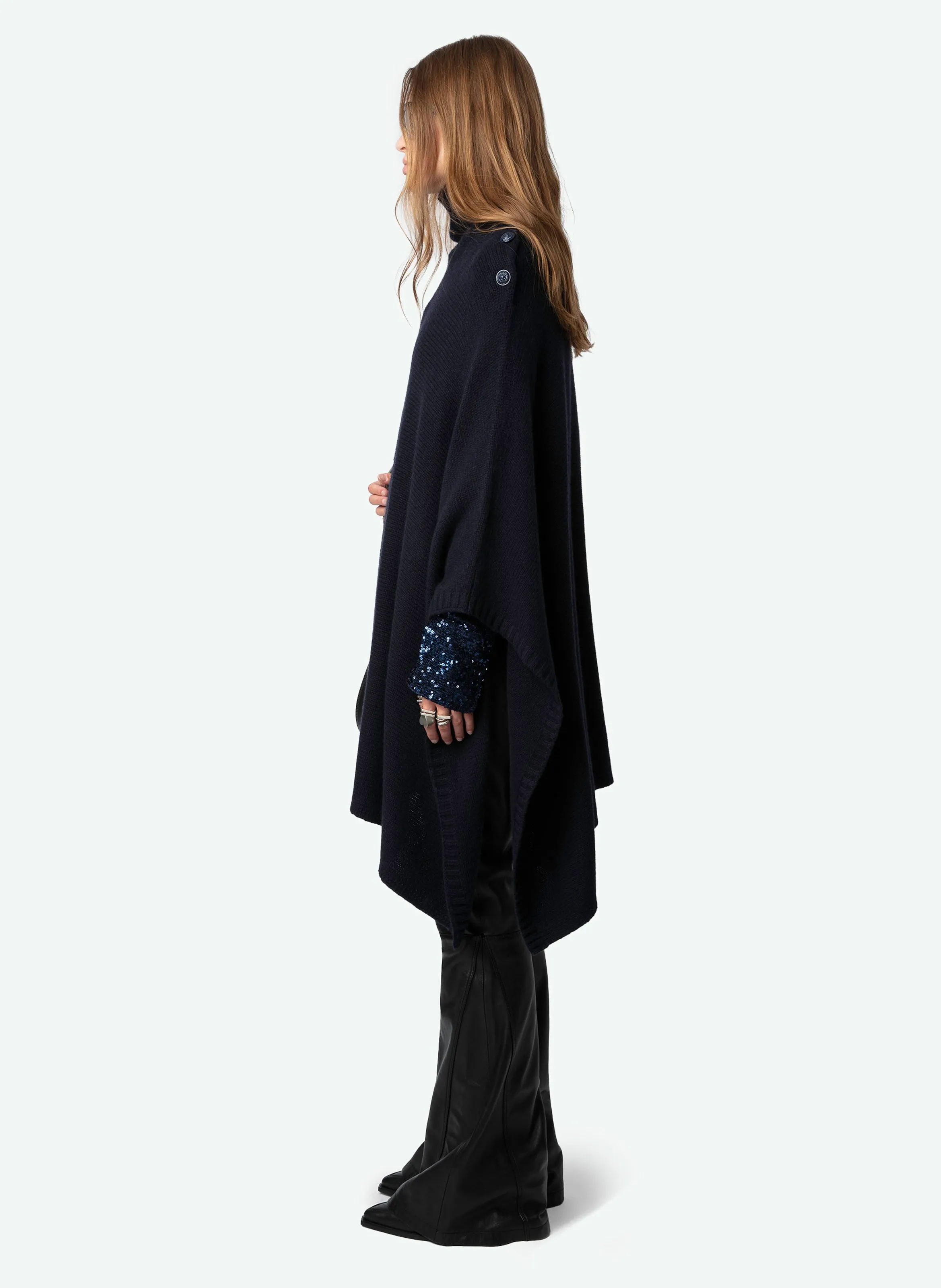 ZADIG&VOLTAIRE PALMA  PONCHO CON CUELLO ALTO DE CACHEMIRA EN AZUL