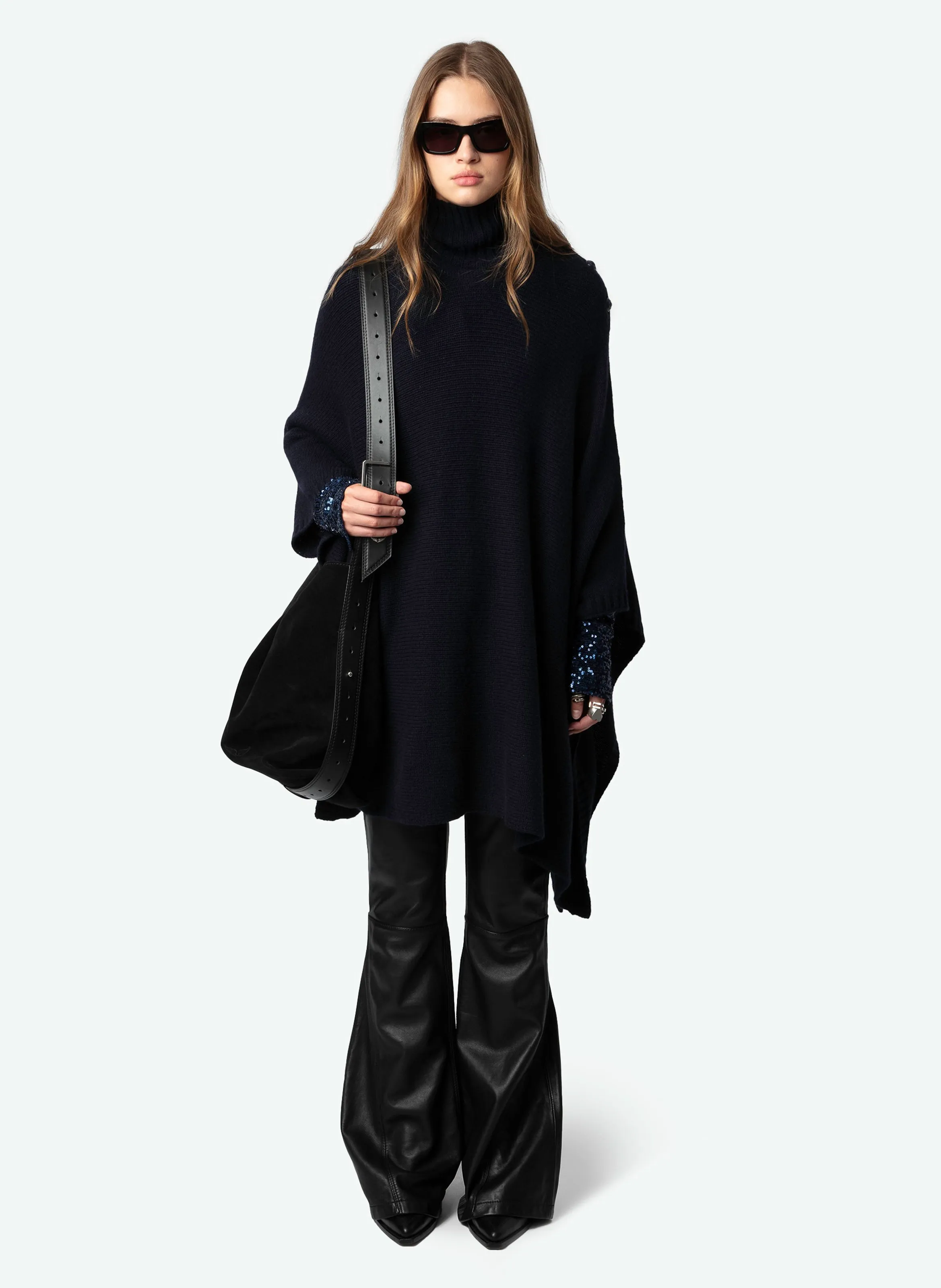 ZADIG&VOLTAIRE PALMA  PONCHO CON CUELLO ALTO DE CACHEMIRA EN AZUL